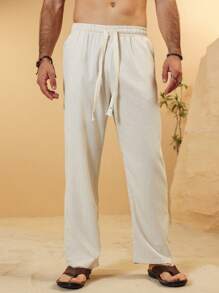 Manfinity RSRT 2 piezas/Set Pantalones de lino casuales con bolsillos y cordón en la cintura para hombres, ropa de otoño - Beis - Ver 6