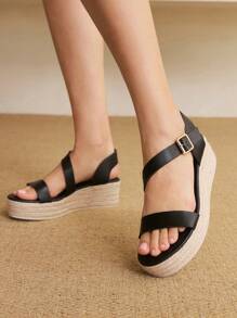 Styleloop Women's Canvas Wedge Lace-Up Sandals, For Daily Wear - Black - View 5