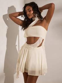 Opulessa Solid Color Knitted Slim-Fit Cutout Mini Dress For Women Vacation Dress, All White Party Outfit, Summer Beach Outfits,  New Year Look, Thanksgiving Outfits, Elegant Dresses Party, Luxury Evening Dresses For Weddings, Sexy Club Outfits, Mermaid, Bohemian Outfits, Ibiza Outfits, Western Style - White - View 5