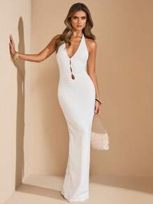 SHEIN BAE Vestido Longo Jacquard Texturizado de Decote em V Profundo, Sem Costas, Halter, Azul Sólido para Primavera/Verão, Vestido de Praia, Vestido Azul, Vestido Sexy Texturizado - Azul - Visão 3