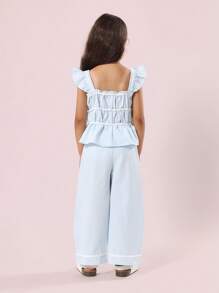 SUMWON 女童夏季荷叶边上衣阔腿裤荷叶边袖亚麻质感两件套海滩度假服松紧腰 - 藍色 - 查看 2