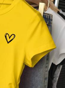 INAWLY Áo thun tay ngắn họa tiết trái tim đơn giản, đa năng thời trang dành cho nữ, phù hợp cho mùa hè - Màu vàng - Xem 4