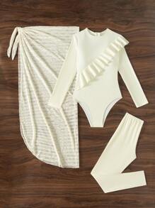 Swim Mulvari Solid Ruffle Trim Rashguard Bikini 3 Pieces Set, Long Sleeve, Long Pants & Mesh Long Skirt Burkini Set, For Summer - Beige - View 5