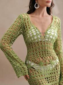 Anewsta 镂空性感长裙、手工编织沙滩比基尼罩衫、深V露背长款沙滩裙 - 綠色 - 查看 5