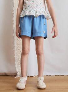 SHEIN Young Girl Summer Denim Shorts With Wood Buttons - Blue - View 5