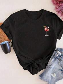 DrmWander Camiseta de manga corta casual de talla grande con estampado de eslogan de bebida para mujer