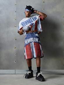 NEON BLANC Men's Streetwear Style Vertical Striped Letter Print Woven Casual Shorts, School - Blue and White - View 7