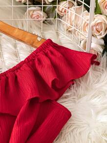 SHEIN DreamScene Áo cánh hở vai tay bèo nhún cỡ lớn cho nữ, kiểu dáng đơn giản, thanh lịch, phù hợp cho mùa xuân và mùa hè - Đỏ - Xem 5