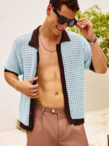 Manfinity Homme Men's Contrast Color Trimmed Front Button Casual Short Sleeve Knitted Top - Blue - View 6