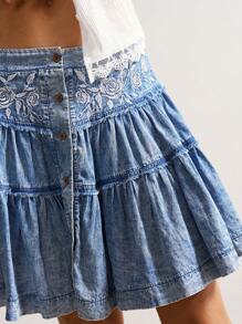 Bohemela Boho Vintage Country Style Rose Embroidered Woven Denim A-Line Skirt For Women Blue Jean Skirt Denim Skirt