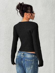 INAWLY Women Casual Versatile Solid Color Knitted Sweater Fall Winter Cloth For Women - Black - View 2