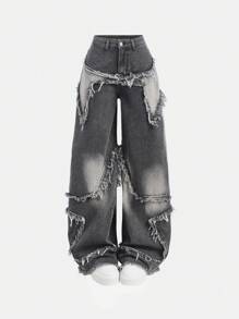 SHEIN Girlism Pantalones vaqueros anchos de pierna ancha, cintura baja, con estampado de estrellas en patchwork, flecos y bolsillos sesgados con dobladillo deshilachado, pantalones de moda Y2K para adolescentes