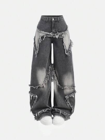 SHEIN Girlism 少女 Y2K 时尚星星拼接流苏低腰宽松阔腿牛仔裤，带毛边下摆和斜口袋