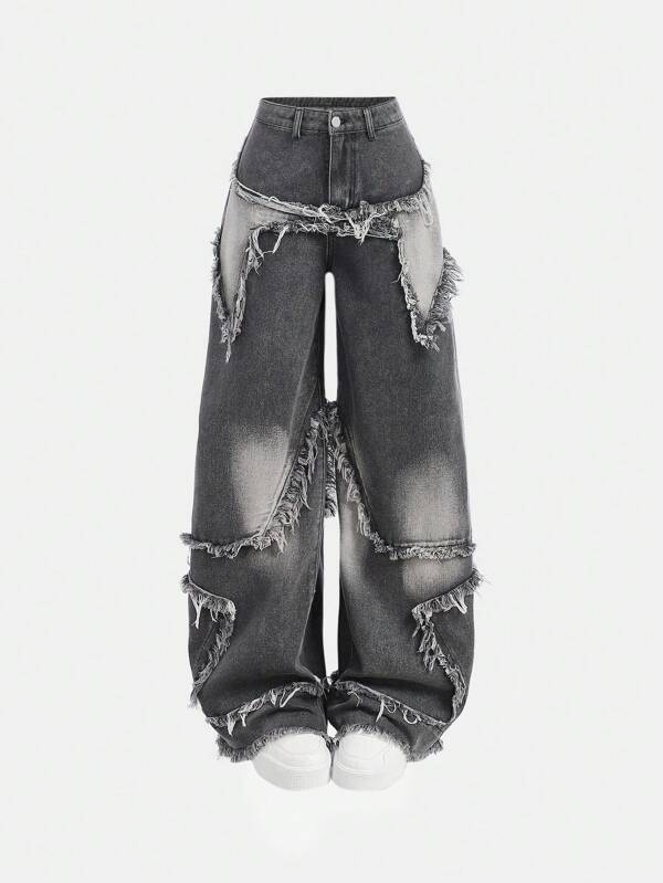 SHEIN Girlism Teen Girls Y2K Fashionable Star Patchwork Fringe Low-Waisted Baggy Wide Leg Denim Jeans Pants With Raw Hem And Slanted Pocket Fall Winter