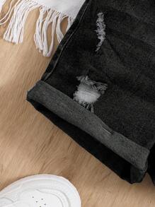 SHEIN Young Girl Spring Summer Boho High Waisted Elastic Waist Ripped Washed Denim Shorts - Black - View 3