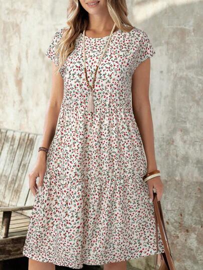 EMERY ROSE Vestido casual de mujer con cuello redondo, mangas de murciélago y estampado floral diminuto, perfecto para el verano y las vacaciones