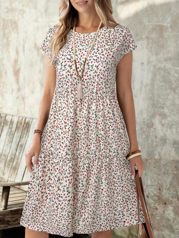 EMERY ROSE Women Summer Holiday Ditsy Floral Round Neck Batwing Sleeve Casual Dress Vacation Dress