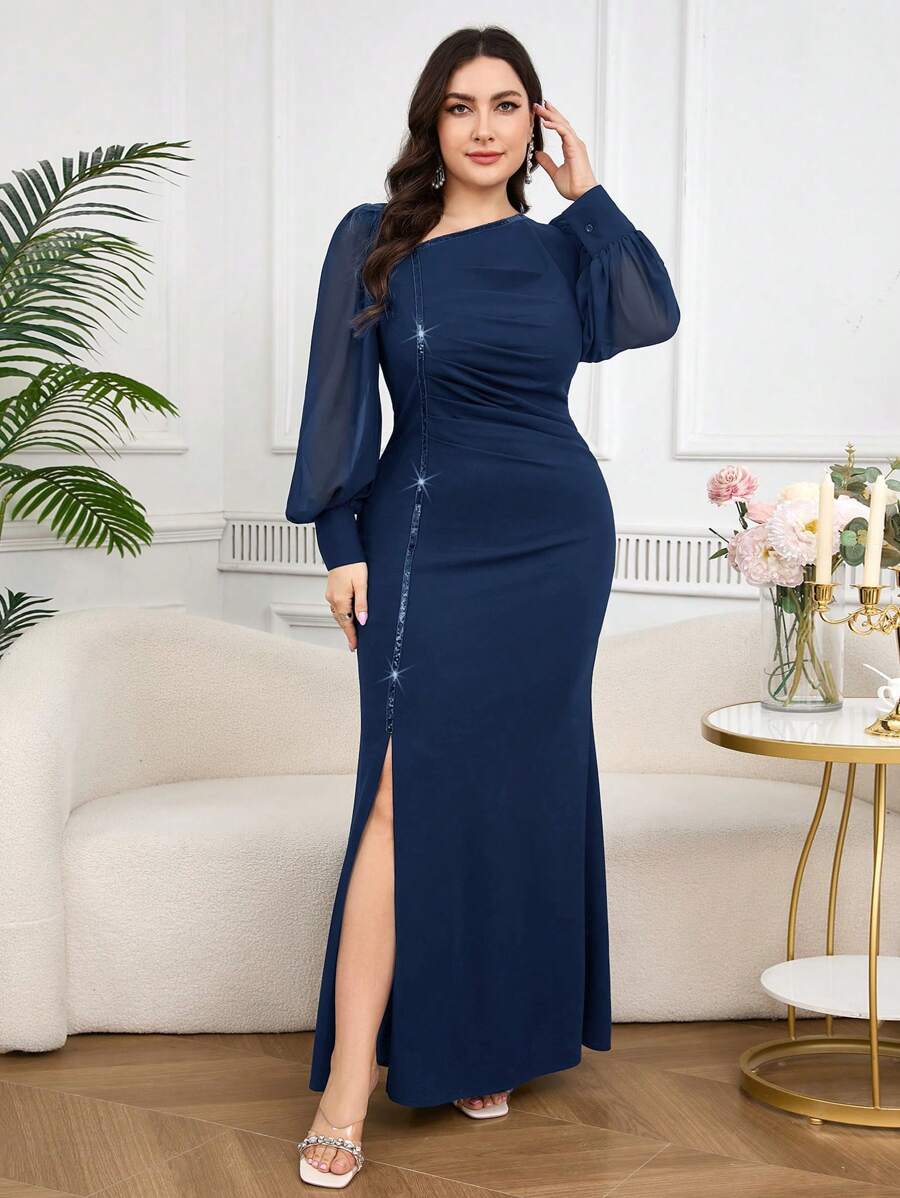 Modelyn Plus Size Elegant Solid Asymmetric Neckline Long Sleeve Sequin High Slit Dress - Navy Blue - View 1