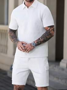 Manfinity Homme Men's Short Sleeve Polo Shirt And Cargo Shorts Set, Fashionable For Summer Men 2 Pieces Set - White - View 4