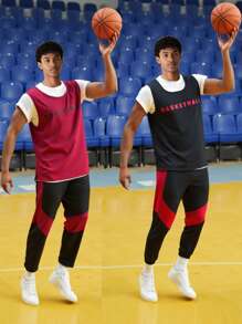 3Pcs/Set Boys' & Young Men's Contrast Color Sporty Short Sleeve T-Shirt With Outdoor Sports Drawstring Pants, For Basketball, Jogging, Workout - Multicolor - View 1