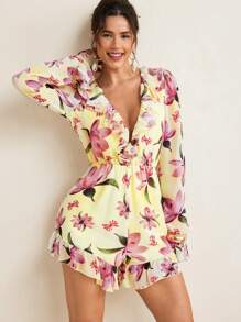 VIOLA AND VESPER Mono corto de verano elegante para mujer con mangas largas de gasa suave con estampado floral y volantes recortados