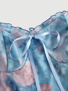 SHEIN MOD Plus Size Romantic Floral French Style Dress, Party/Evening Gown,Birthday Dresses For Women,Corset Dress For Women.Dreamy Blue Floral Ruffled Mesh Short Dress For Women Sweetheart Neck Tie Bow Details Layered Skirt Design,Spring/Summer Outfits, Valentine's Day Outfits - Blue - View 9