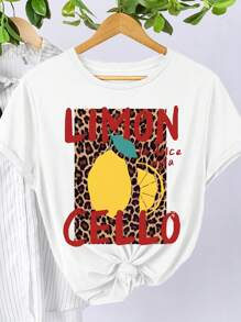 Flirla Plus-Size White Short-Sleeved Retro Casual Lemon Print T-Shirt For Women - White - View 1