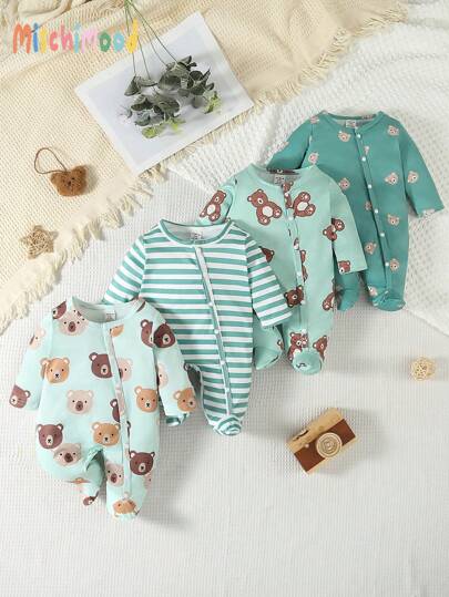 4pcs/Set Newborn Simple Cute Bear Print Long Sleeve & Footed Romper Pajamas Set
