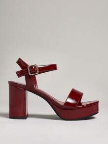 SHUZIA 女士舒适厚底高跟鞋经典绑带踝带酒红色 - 酒紅色 - 查看 5