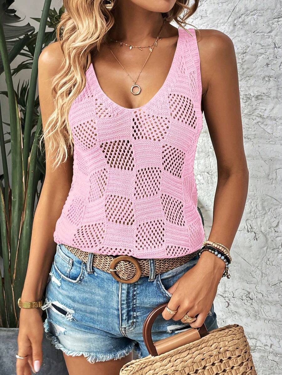 Breezaya Mixed Fiber Versatile Hollow-Out Textured Knit Top - Baby Pink - View 1