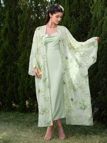 Modelyn 花卉印花长袖夹克和纯色连衣裙阿拉伯风格套装，适合女士，端庄 - 綠色 - 查看 3