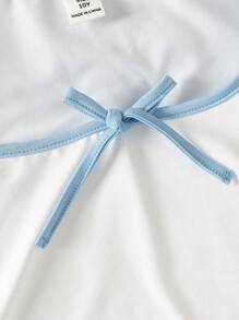 SHEIN Bộ 2 áo thun tay ngắn cổ chữ U họa tiết nơ đơn giản & thoải mái cho bé gái tuổi teen - Màu xanh nhạt - Xem 5