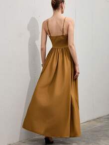 SHEIN Privé Vestido ajustado y evasé con un solo pecho, sin mangas, de punto de bambú marrón con detalles bordados de palmeras y fruncido en la cintura, estilo playa - Multicolor - Ver 2