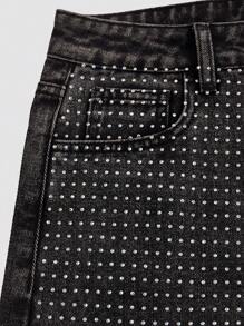 SHEIN MOD 女士休闲日常牛仔裤，宽松牛仔裤，牛仔女郎，圣帕特里克节，女士街头服饰，闪亮宽松牛仔裤，舞会裤，阔腿裤，西部风 - 黑色 - 查看 4