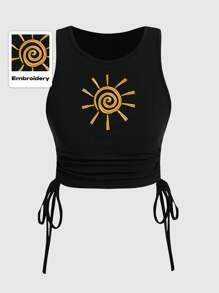ROMWE Hippie Plus Size Summer Casual Sun Embroidery Drawstring Side Tank Top - Black - View 1