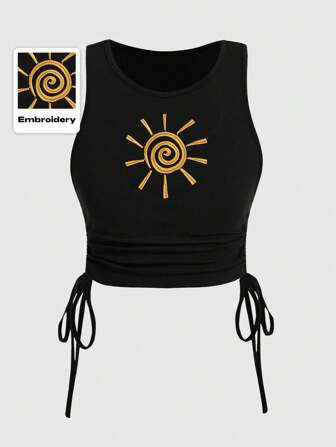 Hippie Plus Size Summer Casual Sun Embroidery Drawstring Side Tank Top