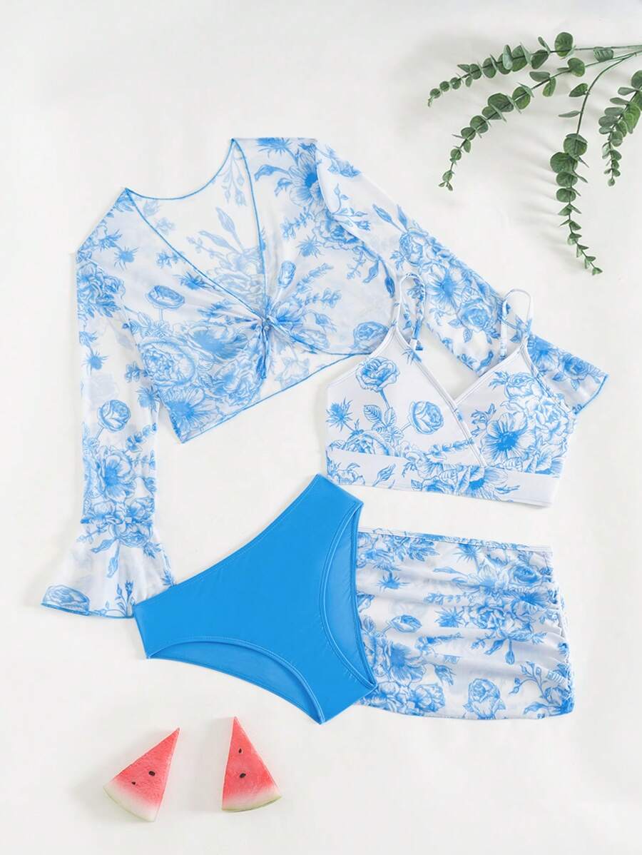 4 Piece Teen Girls Floral Print Bikini Set, For Summer Beach - Blue - View 1