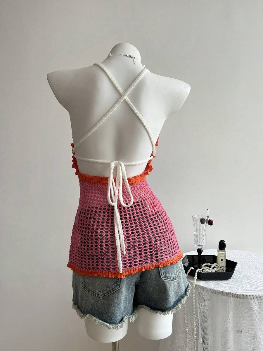 SHEIN Unity Women's Vacation Color Block Crochet Open Back Halter Neck Dress - Multicolor - View 1