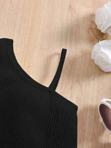 SHEIN 新生女宝宝可爱夏季针织黑色荷叶边吊带连体衣 - 黑色 - 查看 7