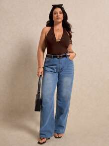 Elaquor Plus Size Solid Color Neck Tie Sleeveless Slim Fit Casual Summer Tank Top - Brown - View 3