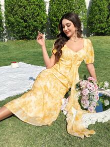 Modelyn Vestido amarillo de mujer con impresión floral, diseño de parche, volantes y mangas abullonadas, perfecto para vacaciones - Amarillo - Ver 5