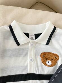 SHEIN 2 件套男婴夏季服装，黑白条纹熊印花 Polo 领短袖上衣搭配纯黑色短裤，时尚简约风格，卡通图案，穿着舒适，适合户外活动、居家休闲、休闲聚会 - 藏蓝色 - 查看 6