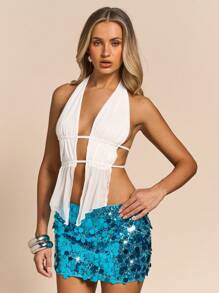 Glamine New Women Blue Knit Sequin Low Rise Slim Sexy Glam Rave Mini Four Seasons Sparkly Skirt,Elegant Haute Glitter Skirt,Chic Bodycon Short Falda Skirt,Skirt For Women Pary,Cocktail Skirt Short,Club Skirt,Skirts For Women, Women Summer Clothing, Women S Bottoms - Teal Blue - View 6