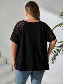 SHEIN CURVE+ 大码撞色蕾丝插肩袖 T 恤/大码 T 恤夏季/乡村/海滩度假装/沙滩装/沙滩装