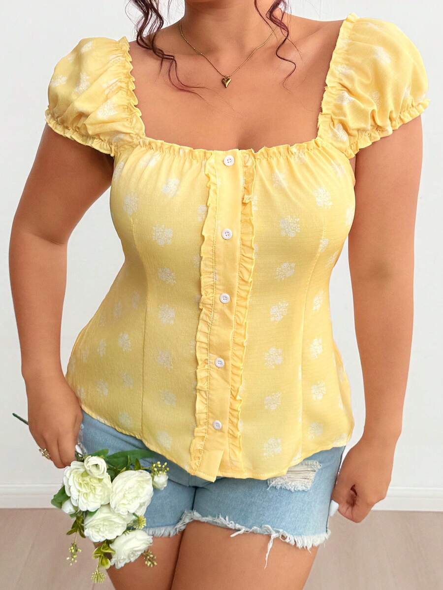 Flirla Plus Size Lightweight U-Neck Cinched Waist Shirt, Fashionable For Summer - Yellow - View 1