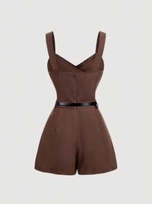 SHEIN MOD Solid Color Wraparound Ruched Jumpsuit - Brown - View 2