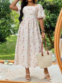 Flirla Plus Size Short Sleeve Square Neck Dress, Fashionable For Summer - Multicolor - View 1