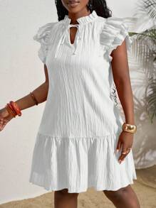 Slaydiva New Summer Style, Birthday Party, Graduation Season, Student Wear, Daily Outing, Basic And Versatile, Leisure, Vacation, Cruise Travel, Beach, Seaside, Ruffled V-Neck, Collar Tie, Double-Layer Lotus Leaf Short Sleeves, Loose A-Line, Textured Fabric, White Summer Mini Dress, Women's Dress Vacation Dress - White - View 6