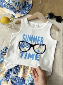 SHEIN Bộ 2 món trẻ em trai thường ngày cây dừa, kính râm in logo áo ba lỗ không tay và quần short in hình cây nhiệt đới toàn thân có mũ, thích hợp mặc hàng ngày, đi nghỉ, thể thao, ngoài trời, mùa hè - Xanh và trắng - Xem 4