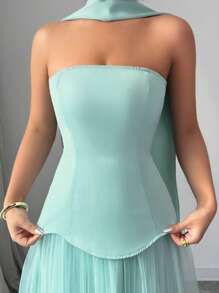Elenzga Women's Elegant Summer French Style Strapless Ruffled Tie Back Maxi Dress - Green - View 6